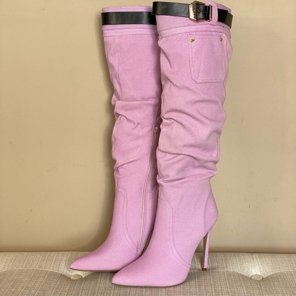 Heeled Buckled Pink Denim Boots - Picture 12 of 14